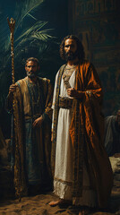 Naklejka premium Moses holding his staff stands confidently before Pharaoh, embodying strength and determination in dramatic scene. rich colors and historical context enhance powerful narrative