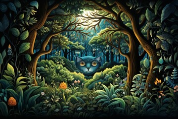 A detailed illustration of an enchanted forest, magical creatures peeking from behind trees and underbrush in this fantasy background