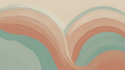 minimalist abstract background with delicate, wavy lines in soft cream, pale mint, and light coral, suggesting a peaceful, tranquil space