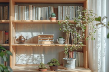 A cozy bookshelf adorned with plants and teapot, perfect for creating a warm and inviting atmosphere in a home office.
