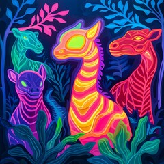 Obraz premium Colorful neon giraffes and deer in a vibrant jungle setting, blending art and nature in a stunning display of lights.