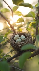 Fototapeta premium Bird nest with speckled eggs in a sunlit tree, serene nature concept