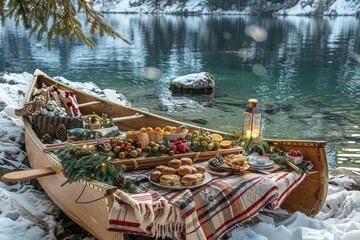 Obraz premium A cozy winter picnic in a canoe by a serene lake, adorned with festive treats and holiday decor.