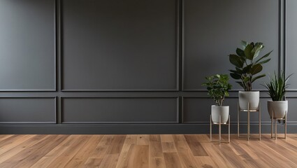 Minimalist interior design featuring a dark gray wall with molding, four potted plants in light gray pots with gold stands, and a light wood floor, generative ai