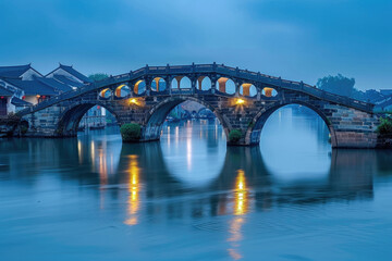Fototapeta premium Chinese ancient town at night, ancient stone bridges and residential buildings