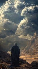 Fototapeta premium Moses praying at Mount Sinai, surrounded by dramatic thunderclouds, evokes sense of awe and reverence. powerful landscape enhances spiritual atmosphere