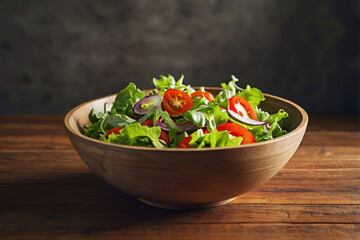 Realistic salad bowl on wood table with beautiful studio light and fresh organic vegetable leaf, onion, tomato ingredient for vegan food in concept of tasty delicious clean and healthy food