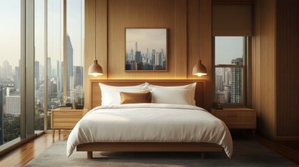 A modern bedroom with a large window overlooking a city skyline. The room is decorated in a minimalist style with wooden furniture and white bedding.