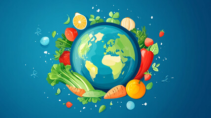 Naklejka premium World Vegetarian Day celebration featuring a globe surrounded by fresh vegetables and fruits