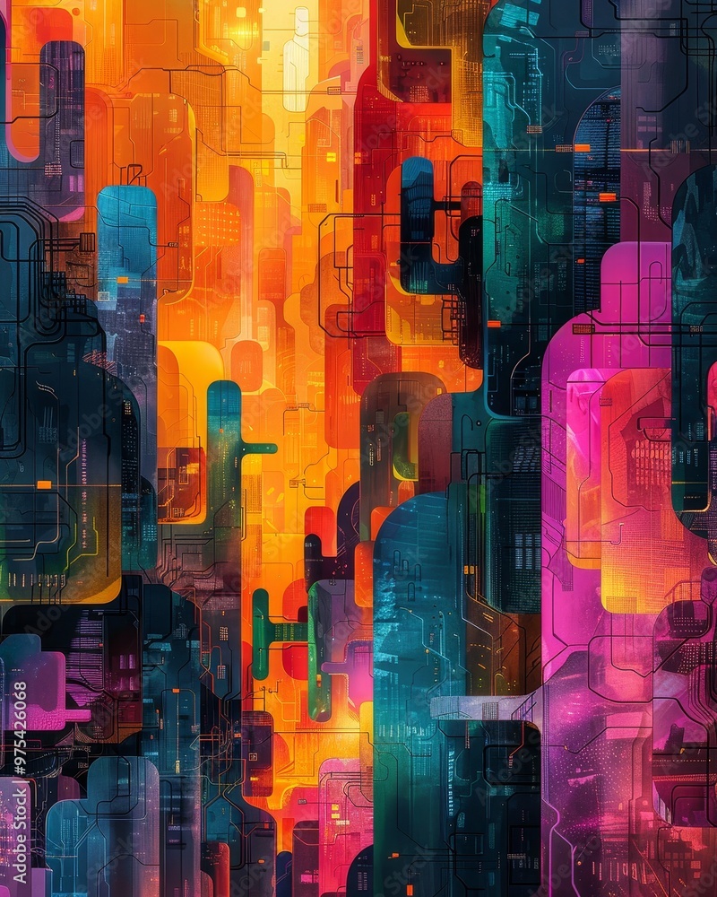 Poster a vibrant abstract artwork featuring colorful geometric shapes, creating a dynamic and modern visual