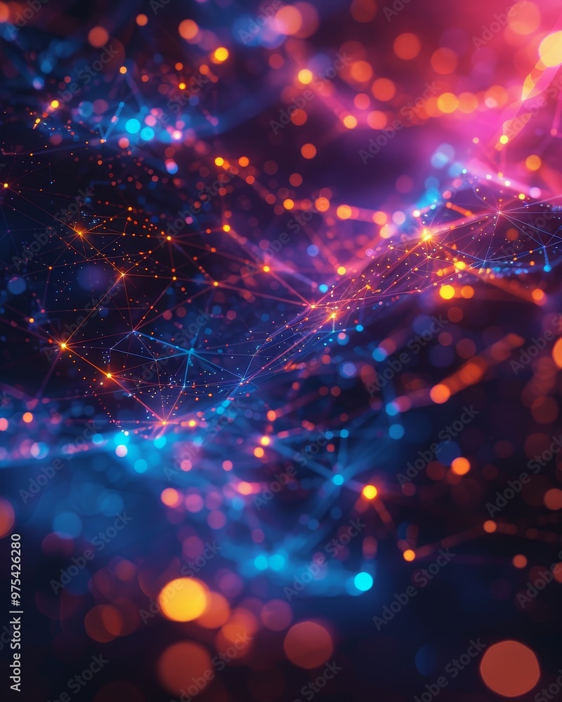Poster a vibrant abstract background showcasing luminous particles and glowing connections in a digital uni