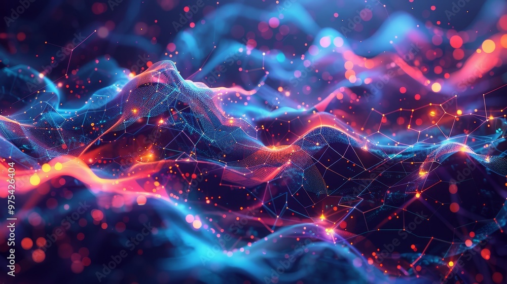 Poster a vibrant abstract composition showcasing dynamic waves of color with glowing particles and intercon