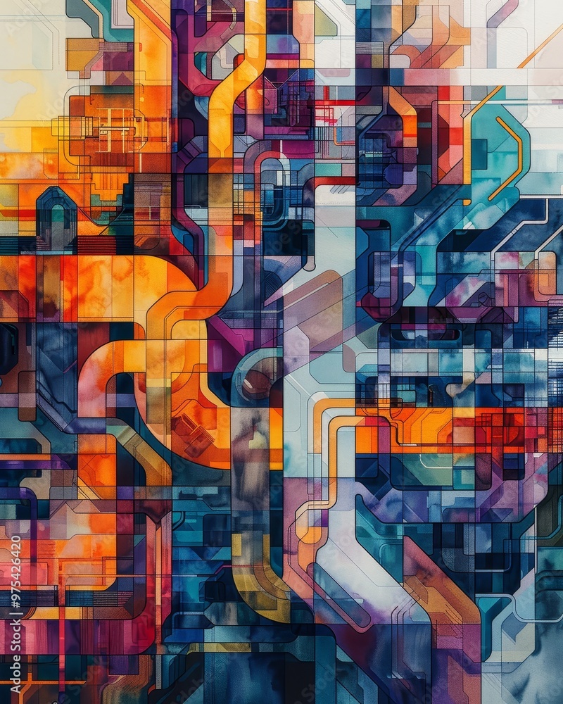 Poster a vibrant abstract depiction of colorful shapes and lines intersecting in a dynamic visual compositi