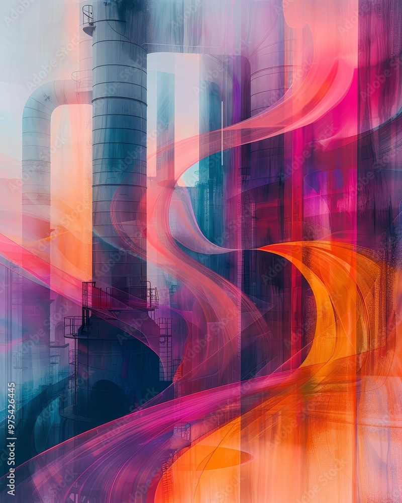 Poster a vibrant abstract depiction of industrial elements interwoven with colorful swirls, creating a dyna