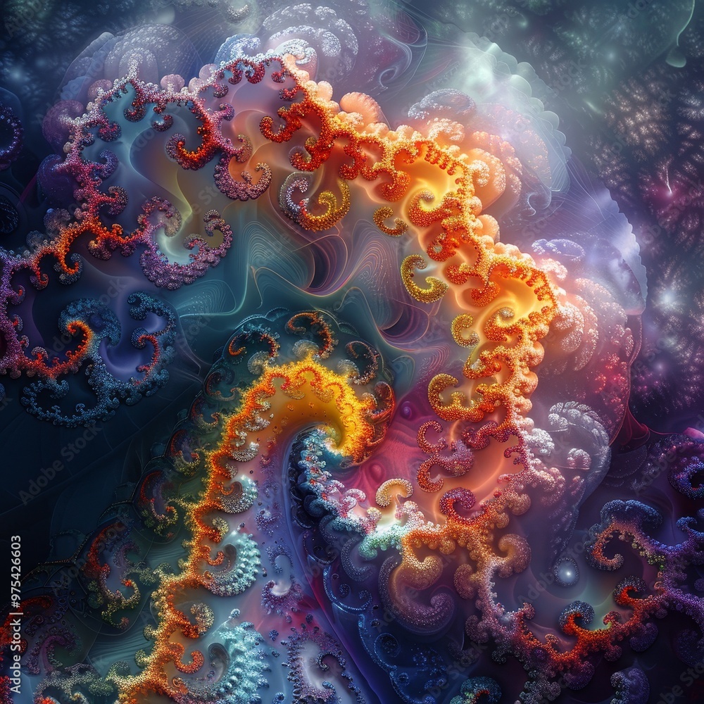 Poster a vibrant abstract fractal design featuring swirling patterns and vivid colors, perfect for creative