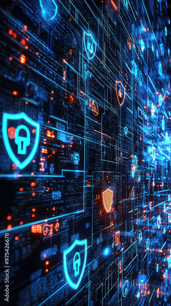 Poster digital network security visualization showcasing vibrant shields and locks, representing protection