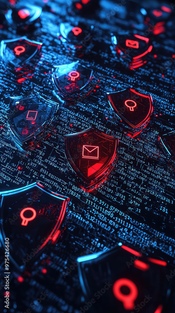 Aufkleber digital security visualization featuring shields and locks, symbolizing network protection and cyber