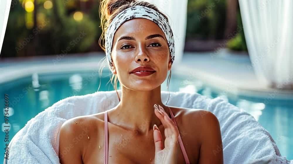 Poster woman relaxing by the pool in a serene garden setting generative ai