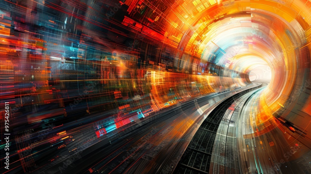 Poster a vibrant abstract tunnel design with dynamic lines and bright colors, symbolizing movement and spee