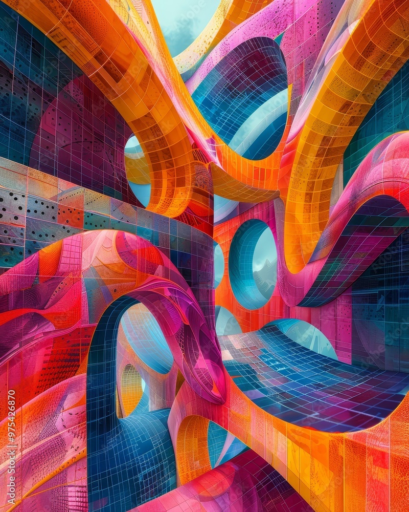 Poster a vibrant and abstract architecture of curved lines and colorful patterns, creating a mesmerizing vi