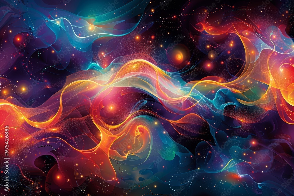 Poster a vibrant and colorful abstract representation of cosmic energy, swirling in mesmerizing patterns ag