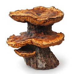 A large, brown, tree fungus with a layered, shelf-like structure, isolated on a white background.