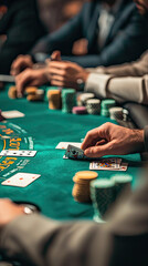 A group of people engaged in an intense poker game at crowded casino table, showcasing their cards and chips. atmosphere is filled with excitement and anticipation