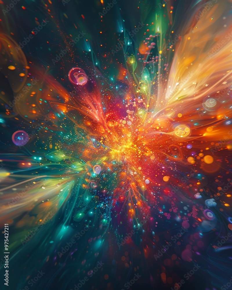 Poster a vibrant explosion of colors and light, depicting a cosmic landscape filled with abstract patterns 