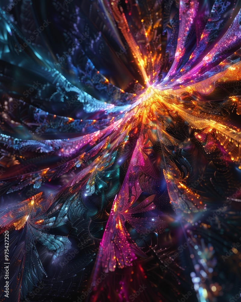 Poster a vibrant explosion of colors and lights creating a mesmerizing abstract pattern, perfect for digita