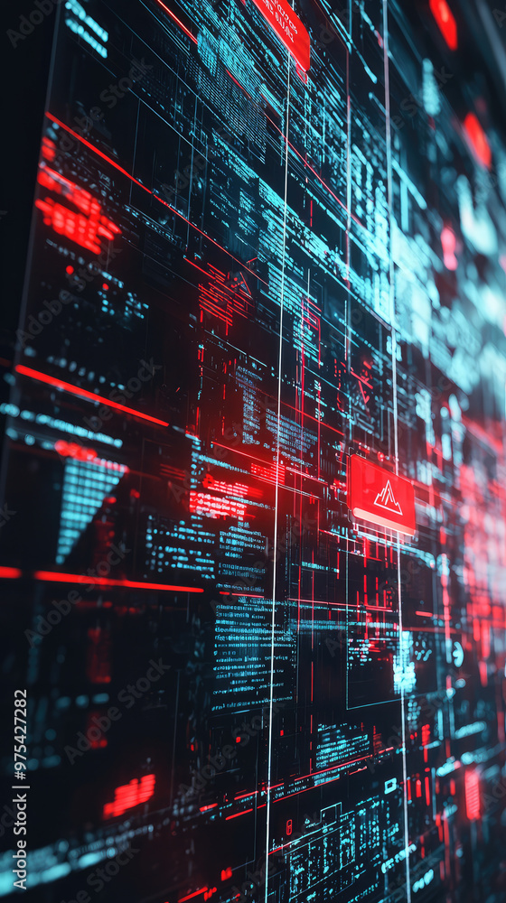 Poster a digital firewall interface displaying vibrant red and blue data streams, symbolizing cybersecurity