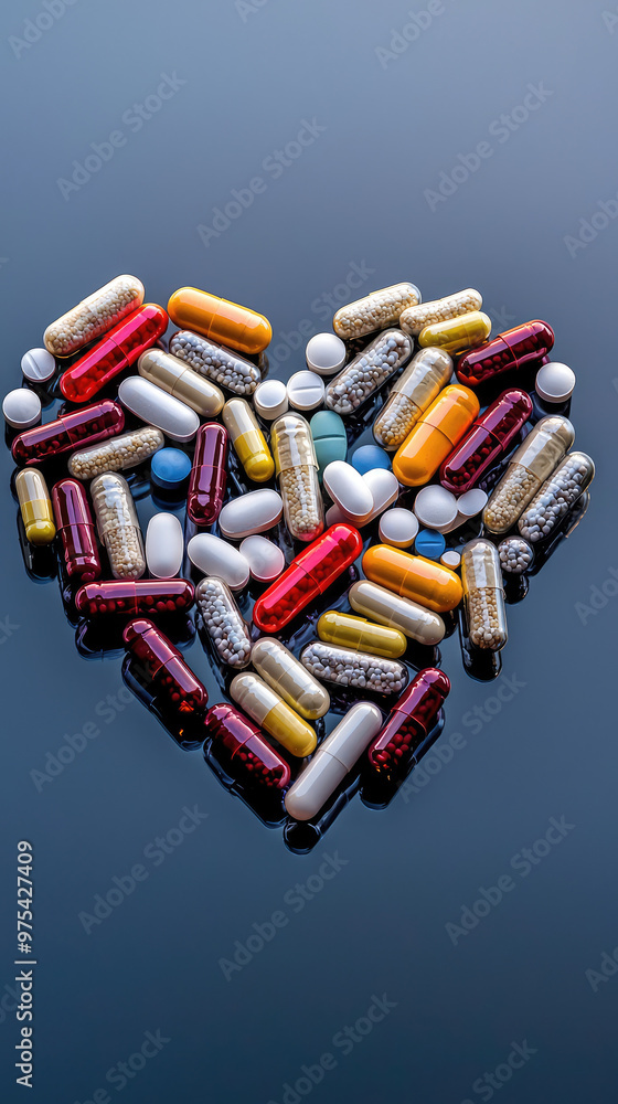 Poster pills and capsules arranged into shape of heart create striking visual representation of health and 