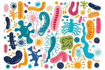 A vibrant illustration featuring colorful bacteria and microorganisms, perfect for science, health, or education themes.