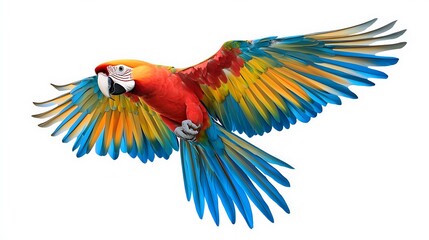 Fototapeta premium A vibrant scarlet macaw with blue and yellow feathers in flight, wings spread wide against a white background.