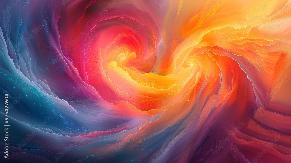 Poster a vibrant swirl of colors blending harmoniously, creating a mesmerizing abstract design that evokes 