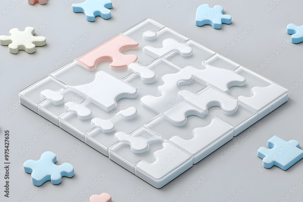 Poster toy mockup template with blank white pieces in a 3d rendering. a clear jigsaw puzzle is connected to