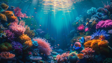 A vibrant underwater scene showcasing colorful corals and marine life illuminated by sun rays, perfect for nature-themed projects.