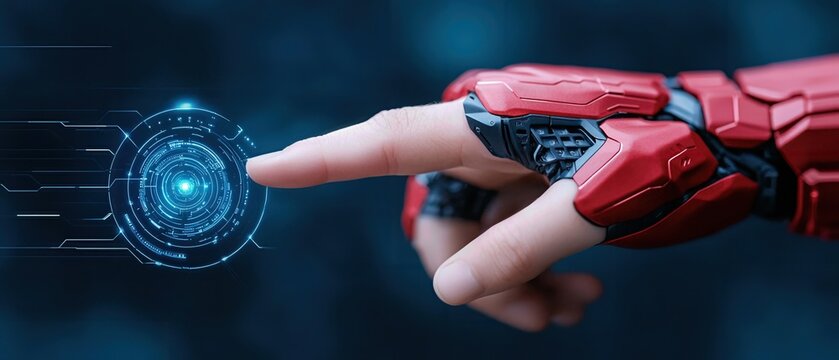 A futuristic robotic hand reaching towards a glowing interface, symbolizing technology and innovation in a digital world.