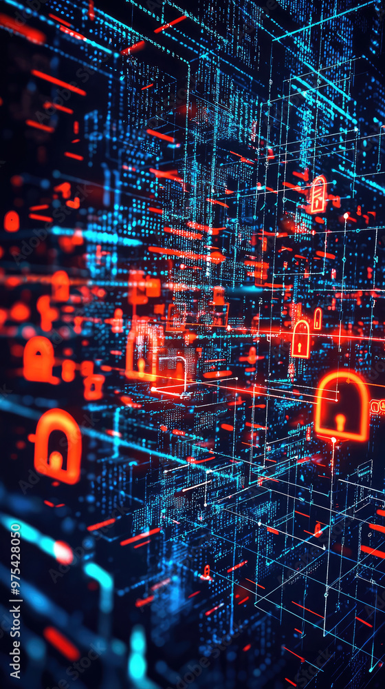 Poster digital security breach alerts are prominently displayed across complex network of glowing data stre