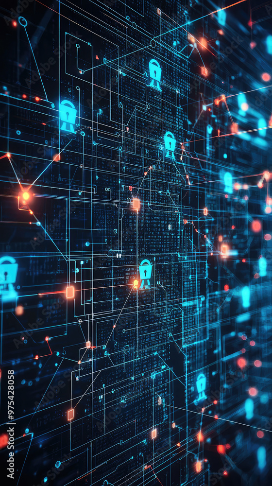 Poster digital network with security breach alerts, showcasing interconnected data points and lock icons, r