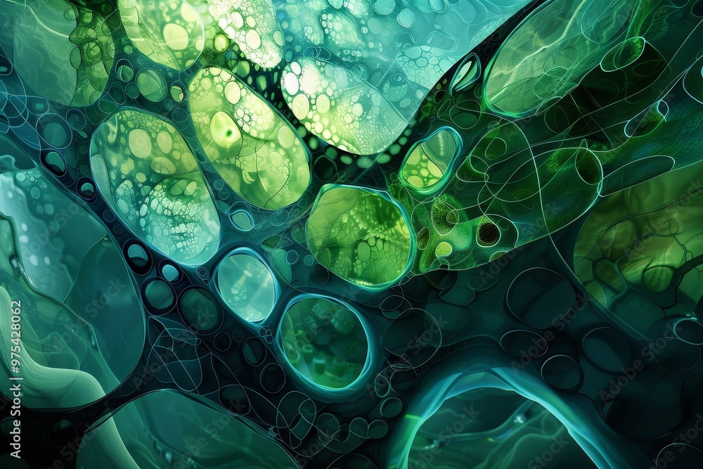 Aufkleber abstract art featuring green bubbles against a dark backdrop, creating a vibrant and dynamic visual 
