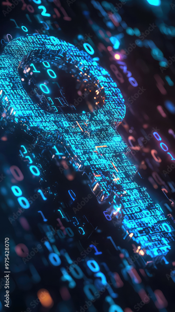 Poster digital security key visualized as holographic symbol, floating amidst backdrop of binary code. this