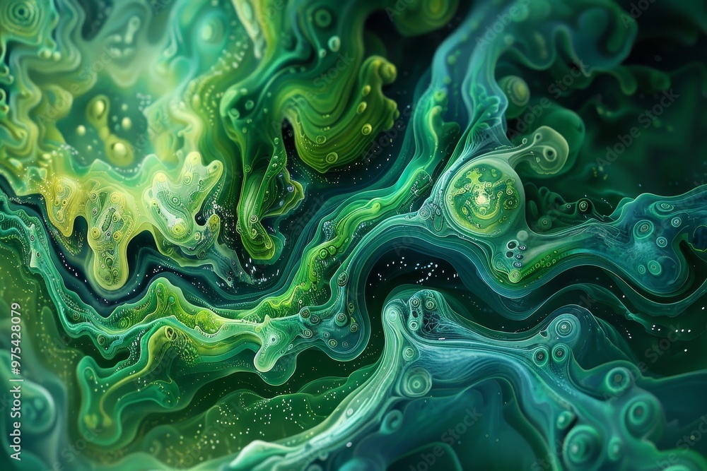 Poster abstract art showcasing vibrant swirls of green and blue, creating a fluid and dynamic visual experi