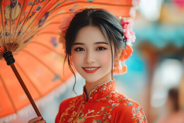 A young Chinese woman holding a red umbrella