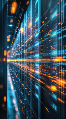 A secure network system with encrypted data streams showcases vibrant data flow and advanced technology. image captures essence of digital security and high speed data transfer, evoking sense of innov