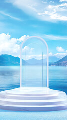 A blue podium with a transparent glass archway door in the middle of a lake, scene for product presentation and promotion