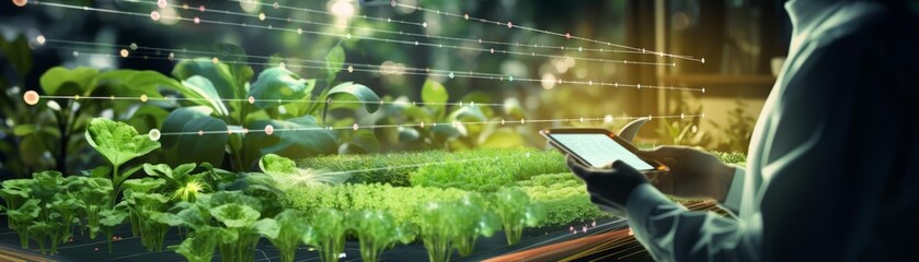 A farmer using a tablet in the field, precision agriculture technology at work in this innovative illustration