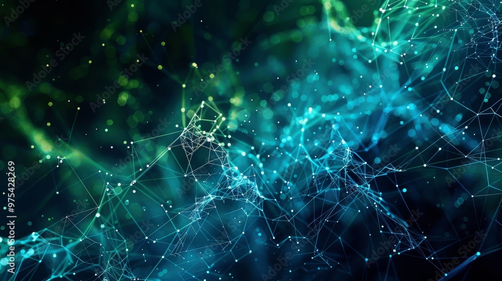 Poster abstract digital network with glowing particles, creating a futuristic background suitable for techn