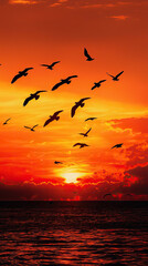 Obraz premium Silhouetted birds flying across deep orange sky at sunset create stunning and tranquil scene. vibrant colors reflect on water, enhancing beauty of nature