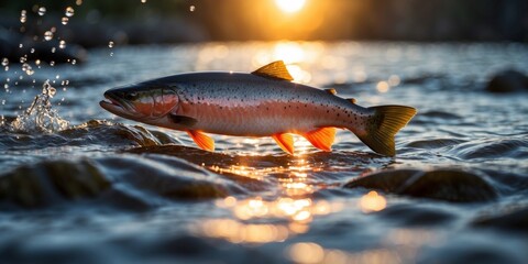 salmon silhouettes in a sunlit river at dawn.