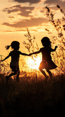 Obraz premium Silhouetted children playing in field during sunset, joyfully holding hands as sun sets behind them, creating warm and nostalgic atmosphere